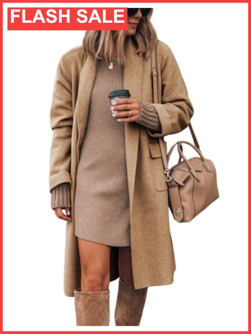 Wool Blend Open Front Cardigan Coat with Pockets
